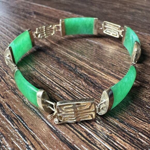 Vintage 14K SOLID GOLD and Green Jadeite Panel Link Bracelet 9.3g, 14kt Yellow - Picture 5 of 16
